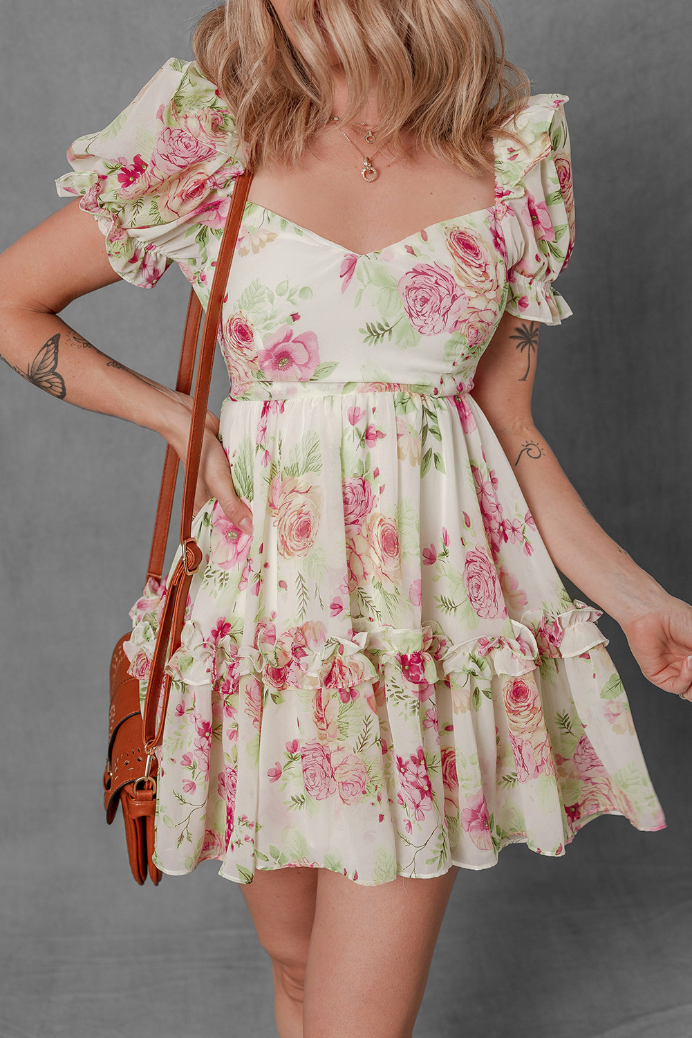 White Floral Print Sweetheart Neck Bubble Sleeve Ruffle Mini Dress