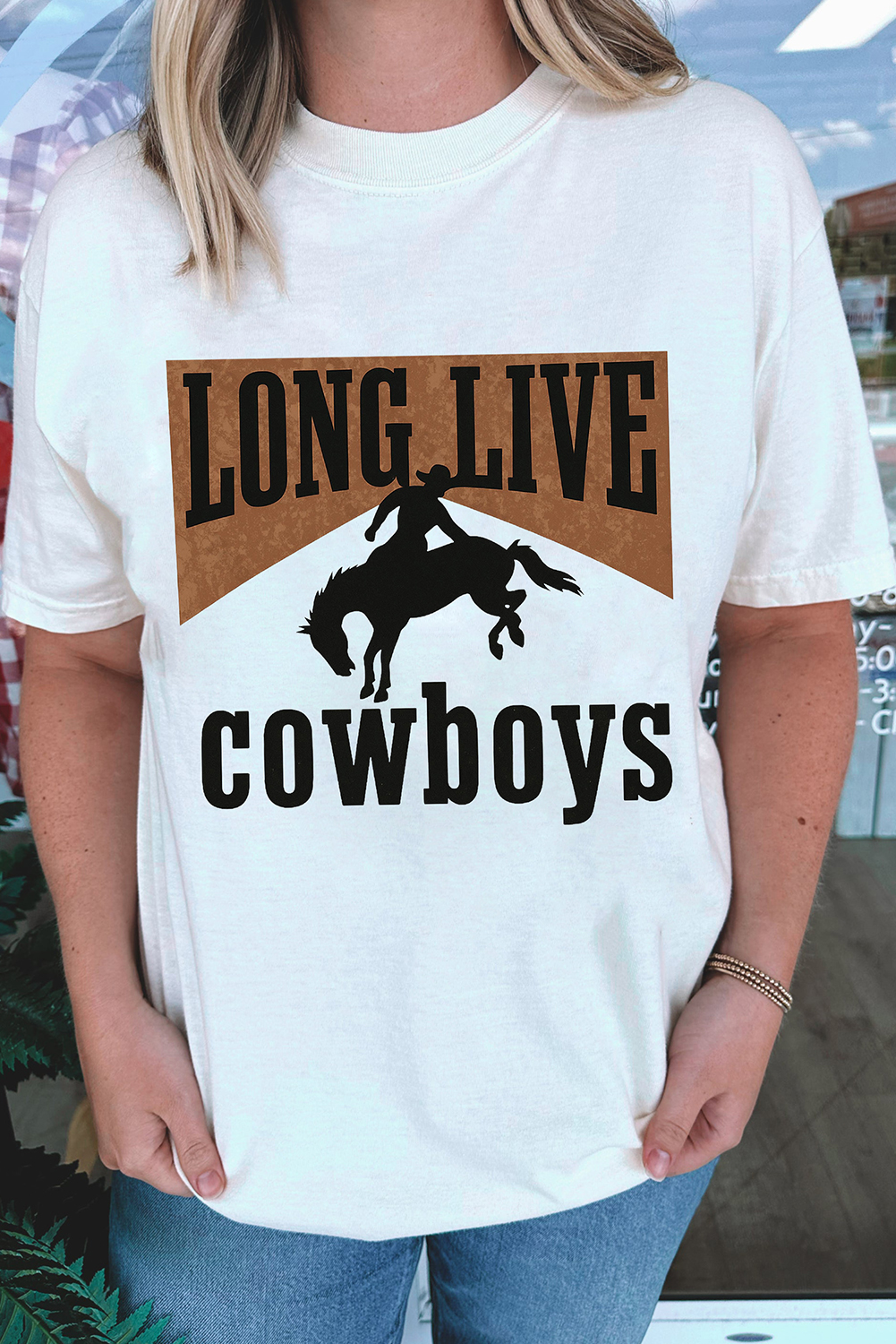 Shewin Dropshippers White LONG LIVE Cowboys WESTERN Graphic Loose Tee