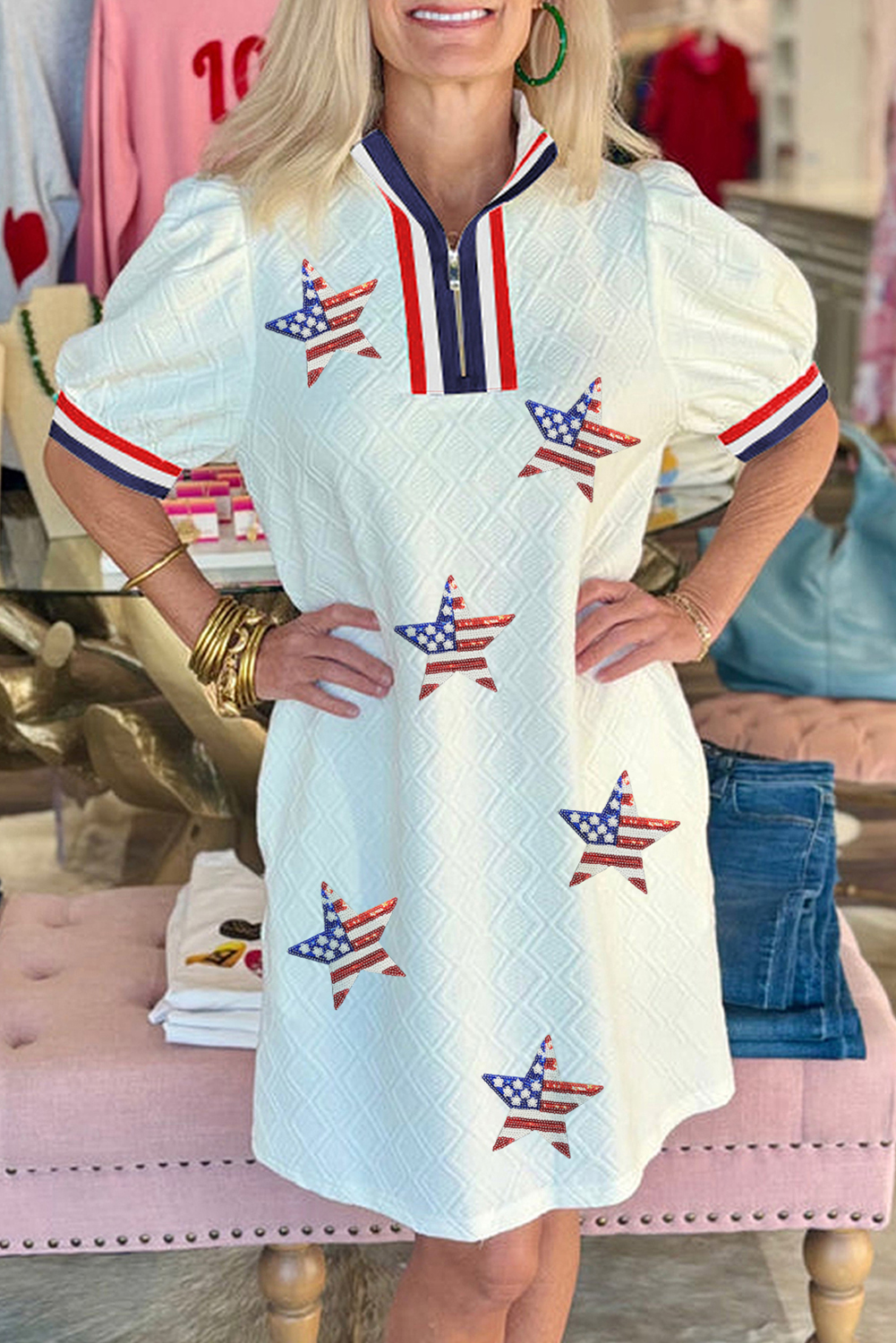 Shewin Dropshippers White July 4th Sequined FLAG Star Textured Collared T Shirt Dress