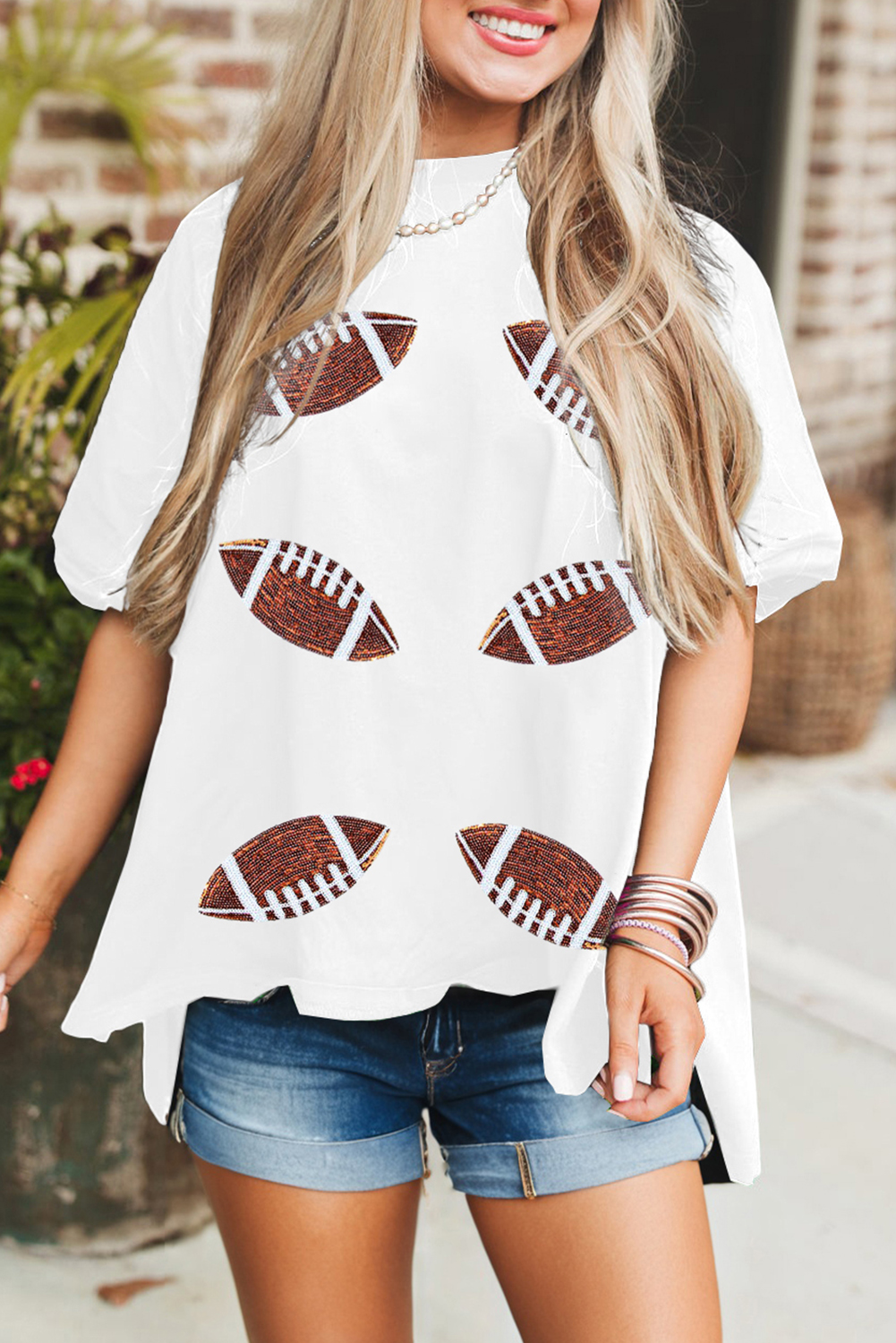 Shewin Dropshipping White Sequin FOOTBALL Patched Crewneck Loose T Shirt