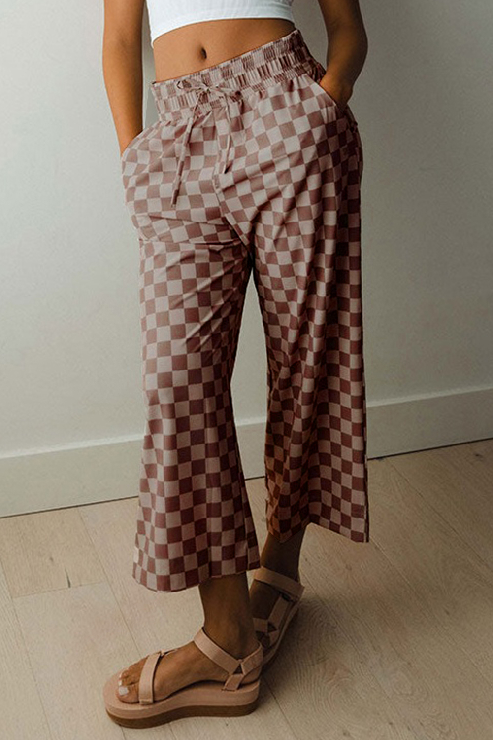 Shewin Dropship Khaki TIE Elastic Waist Checkered Loose Pants