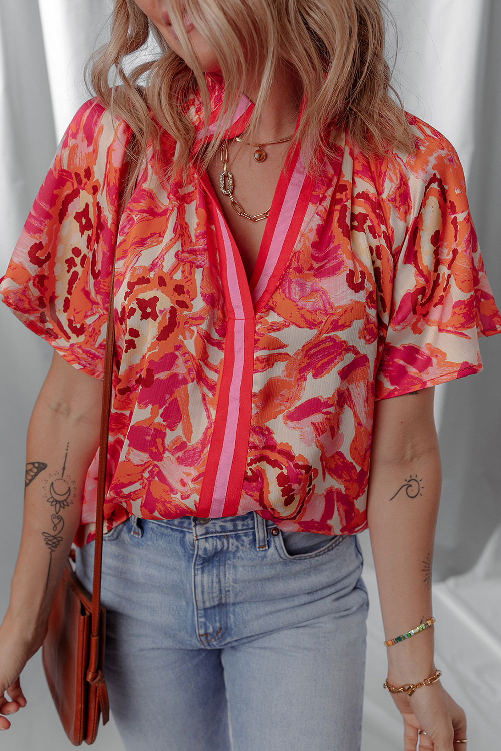Rose Abstract Print Striped Trim Split V Neck Blouse
