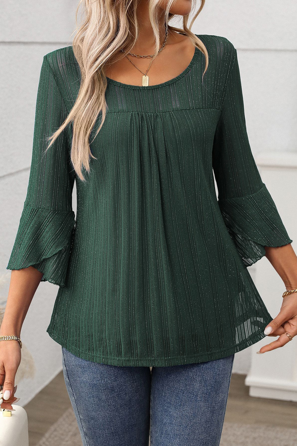 Shewin Wholesale Chic Female Blackish Green BELL Sleeve Shiny Mesh Top