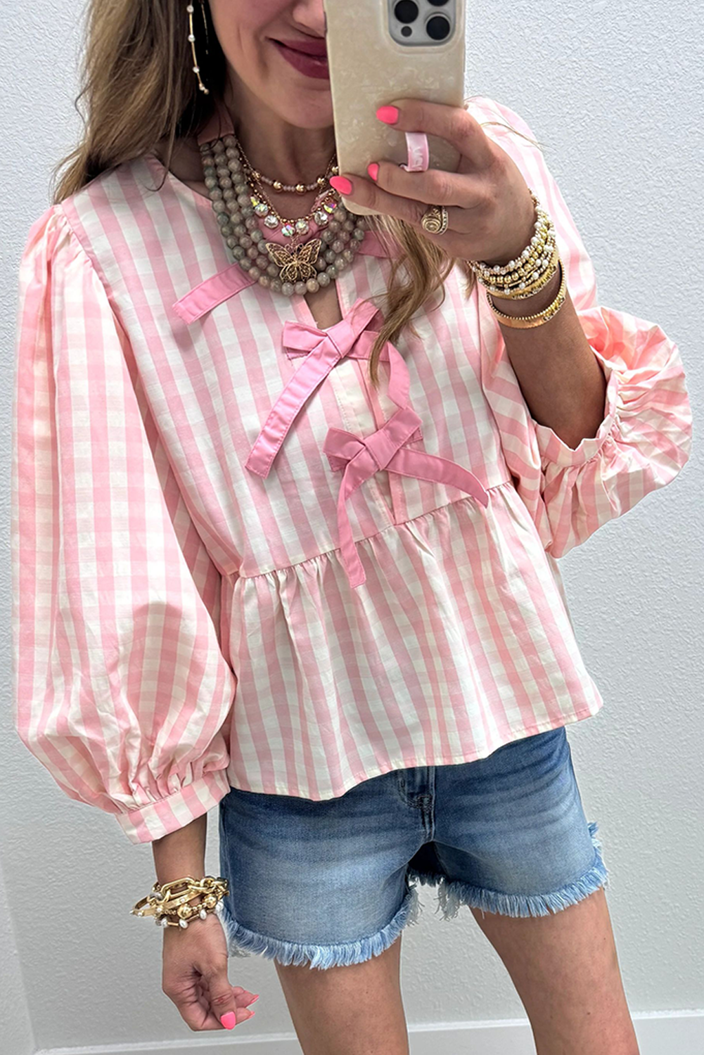 Pink Plaid Bow Knot Puff Sleeve Blouse