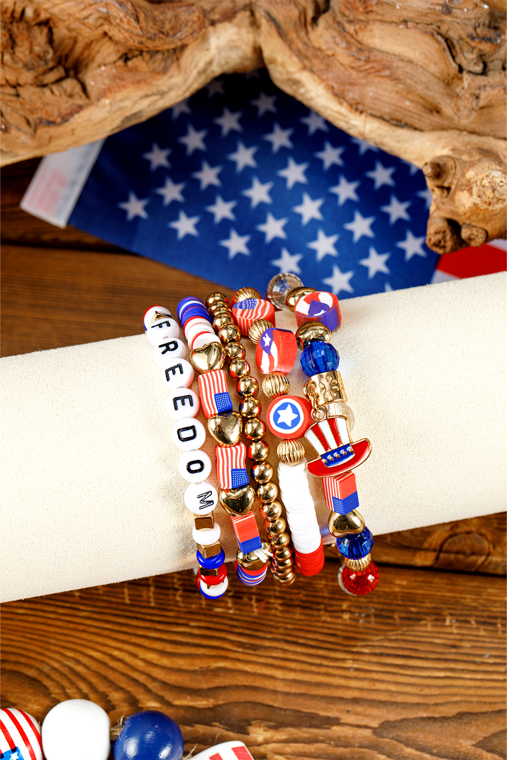 Shewin Wholesale Chic Female Gold USA Flag FREEDOM Beaded BRACELET Set