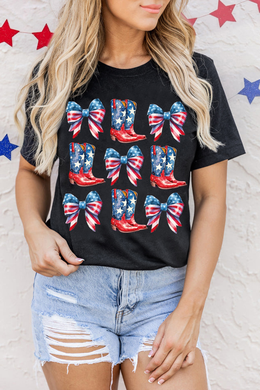Shewin Dropshipping Black Stars and Stripes Bowknot Cowgirl BOOTS Graphic Patriotic Tee