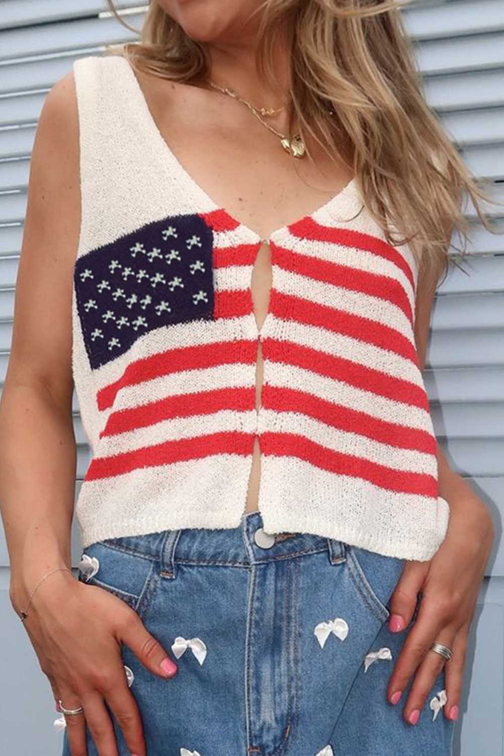 Shewin Dropshipping White American Flag Knit Cardigan VEST
