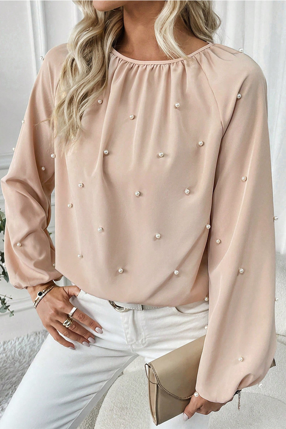 Oatmeal Pearl Beaded Round Neck Long Sleeve Top