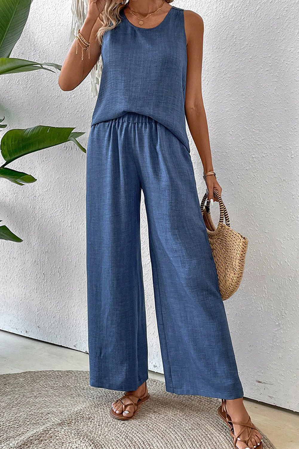 Shewin Dropshippers Ashleigh Blue Back Hollow Lace TANK TOP and Wide Leg Pants