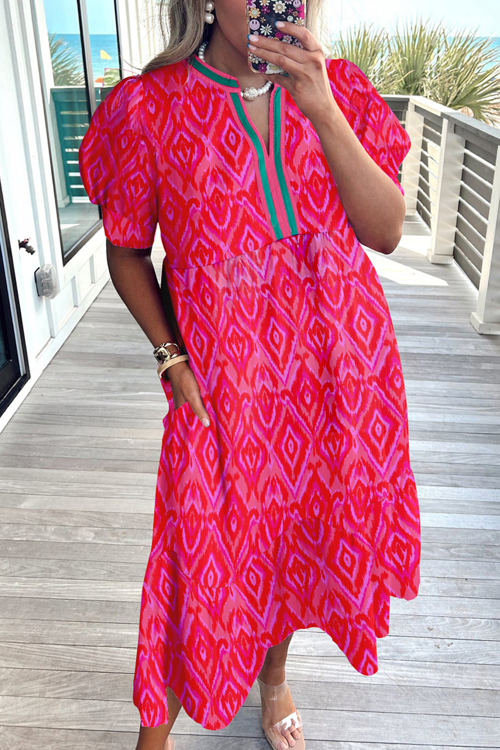 Red Geometric Print Pop of Color Neckline Puff Sleeve Plus Size Dress