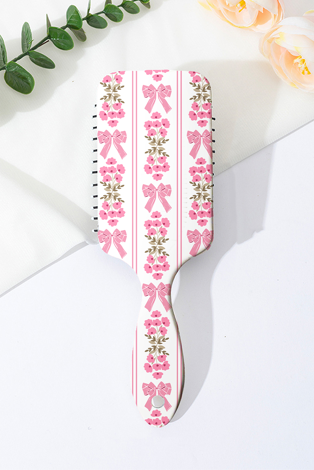 Shewin Dropshipping Pink Flower and Bow Printed Striped HAIR Cushion Comb