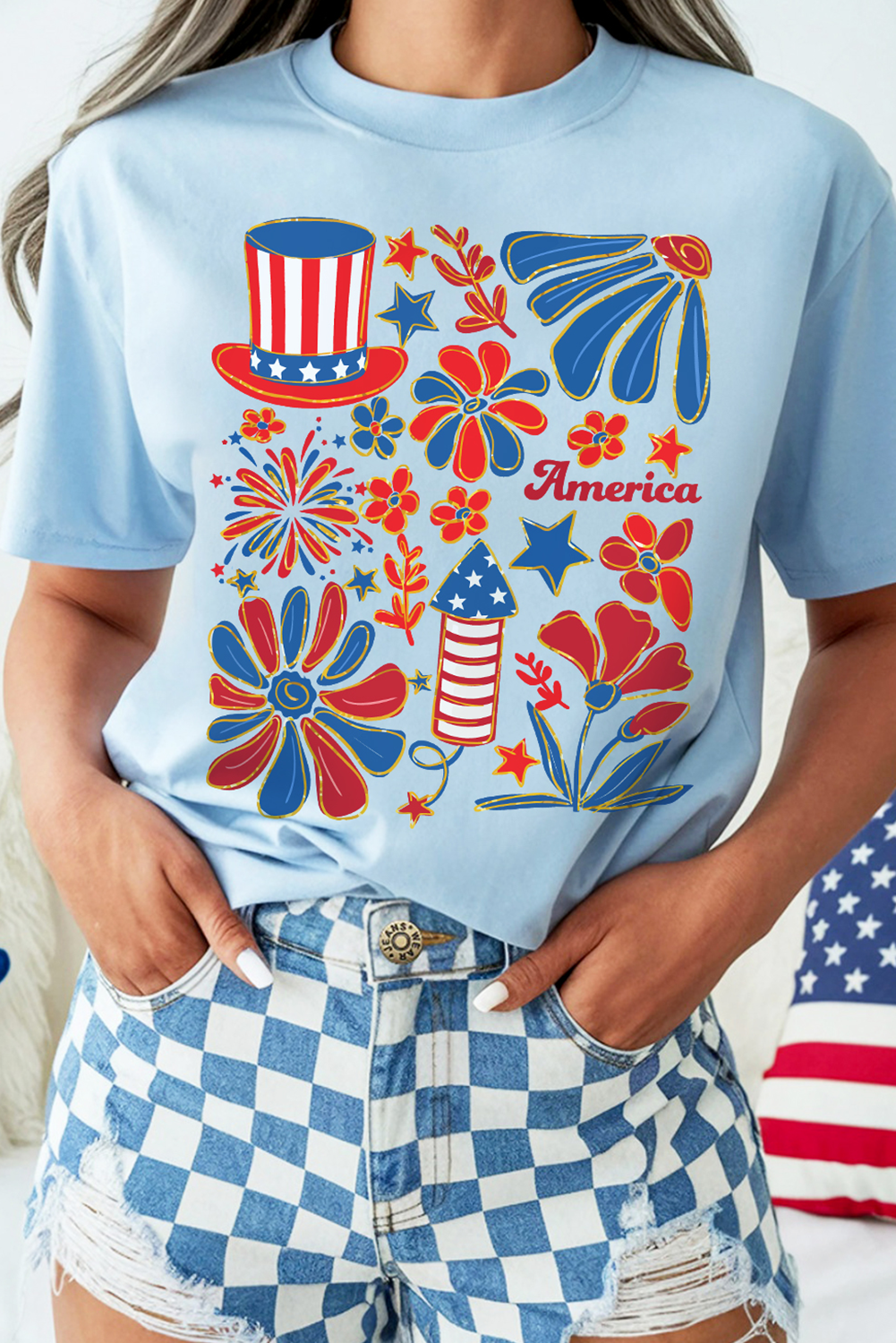 Shewin Dropshipping Light Blue AmericA Printed GrAphic Independence DAy T Shirt