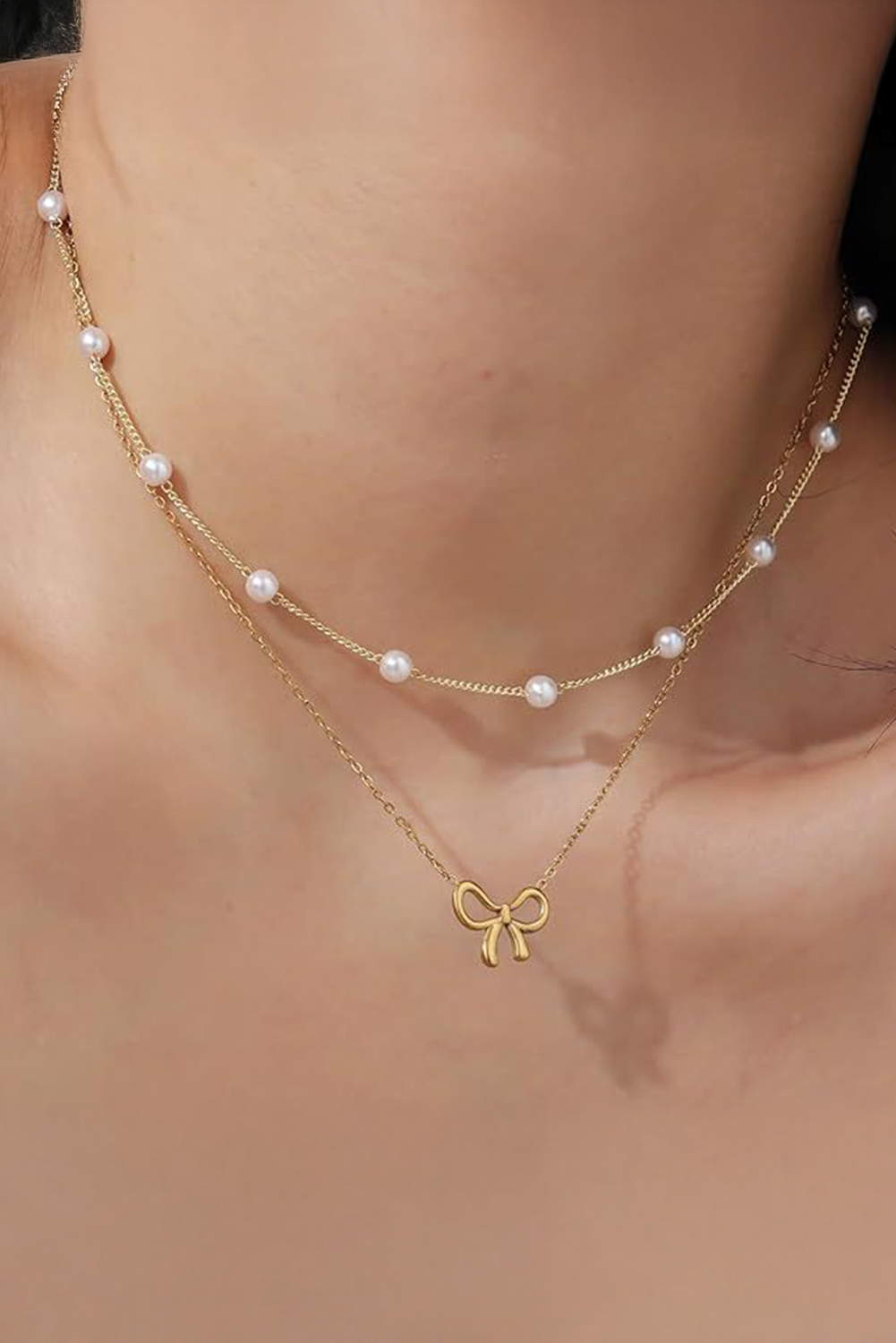 Shewin Wholesale Chic Female GOLD Pearl Bow Pendant Double Layer Necklace