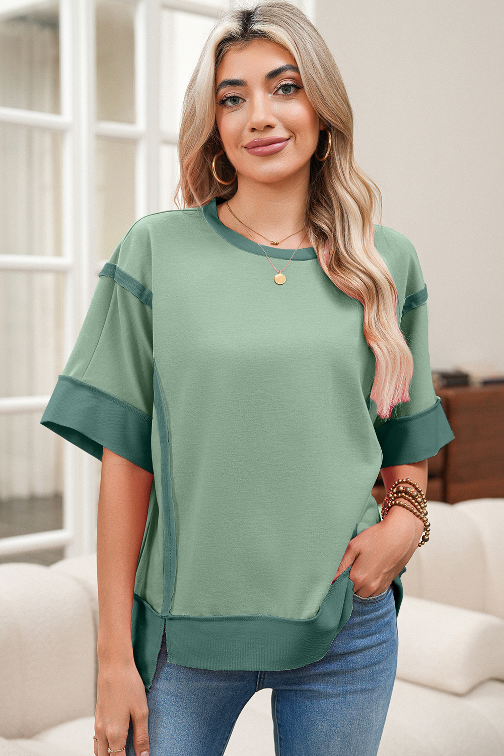 Shewin Wholesale Apparel Smoke Green Half Sleeve Seam Patchwork High Low Side Slit TOP