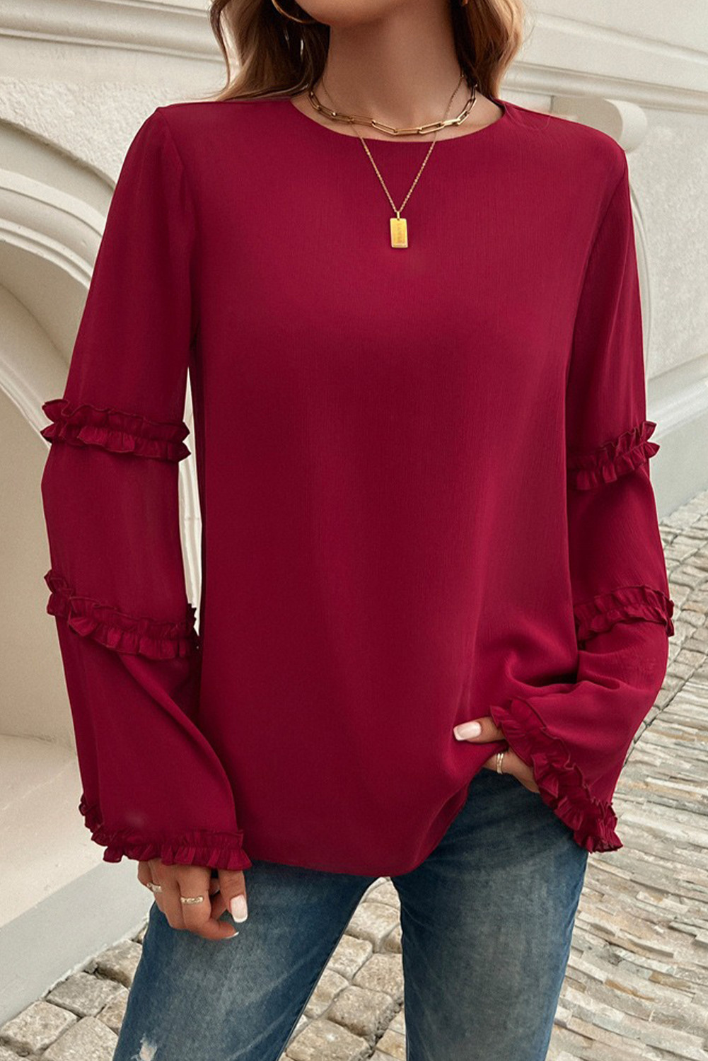 Red Dahlia Solid Color Loose Ruffle Long Sleeve Blouse