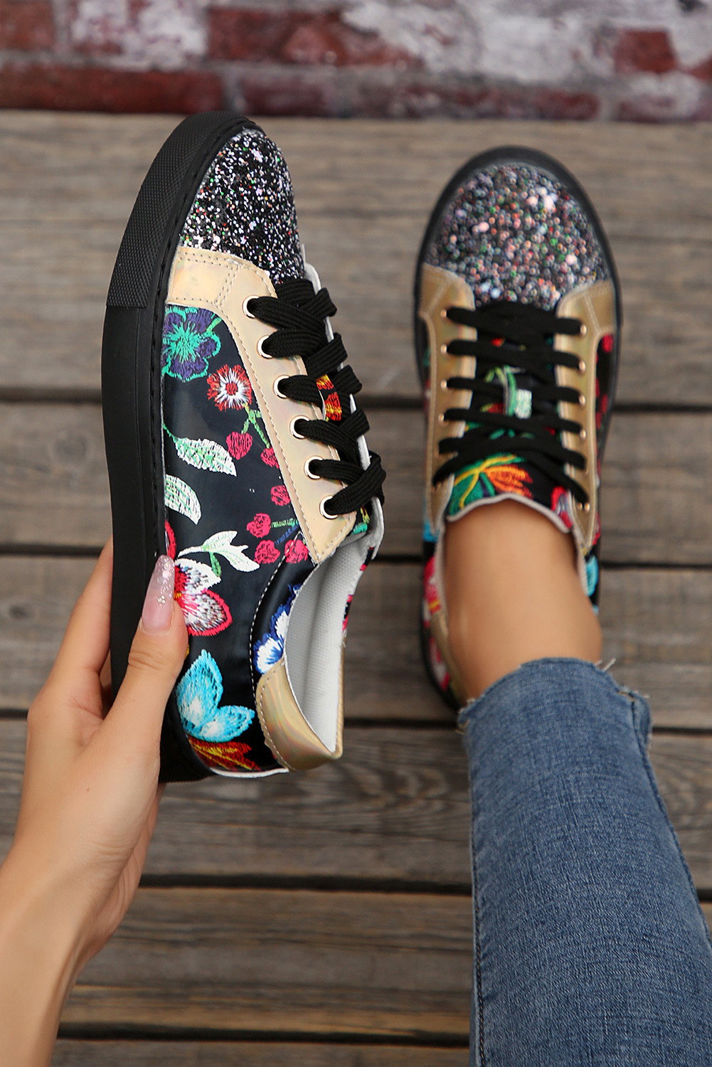 Black Floral Embroidered Patchwork Lace Up Sneakers