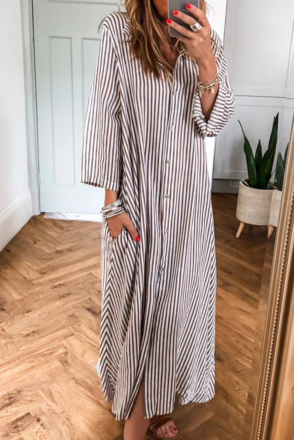 Dark Brown Striped Pocket Loose Shirt Dress
