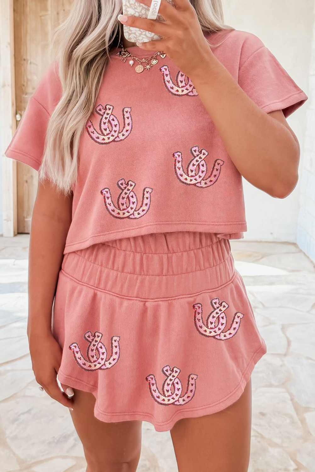 Shewin Dropshipping BLOSSOM Sequin Horseshoe Cropped Tee and High Waist Skort Set
