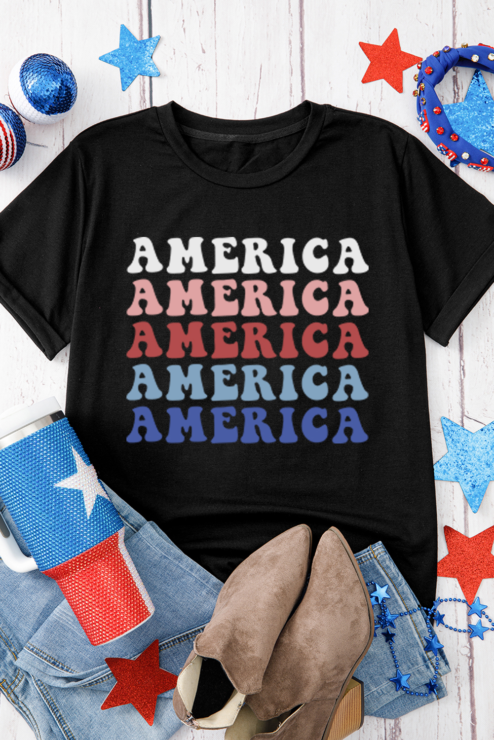 Shewin Dropshipping BlAck Colorful AMERICA Print Crewneck PAtriotic T Shirt