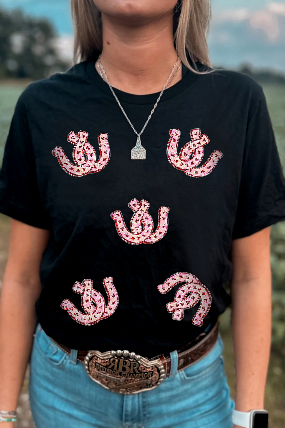 Black Sequin Horseshoe Pattern Crew Neck T Shirt