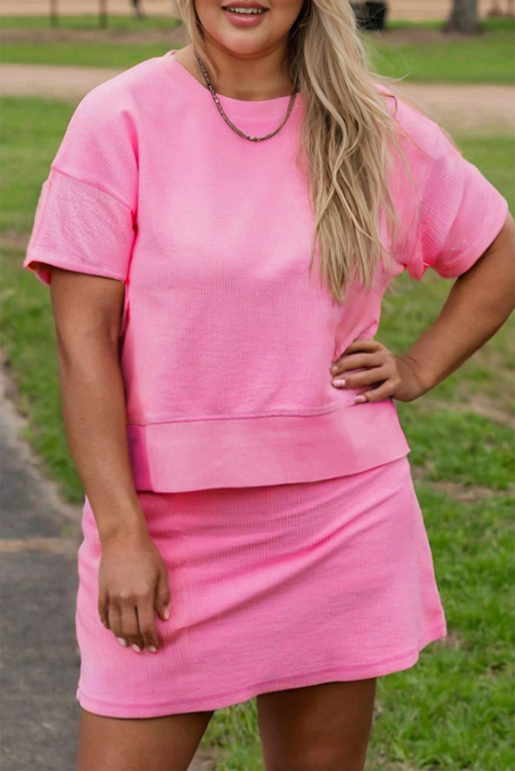 Pink Solid Color Drop Shoulder Tee and Skort Plus Size Set