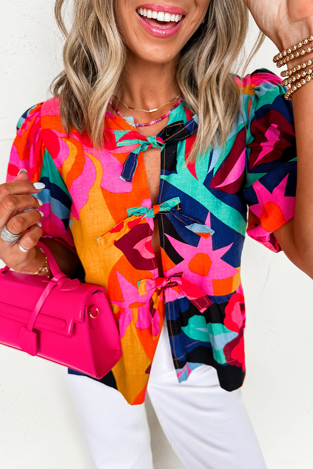 Red Abstract Print Tie Front Puff Sleeve Babydoll Blouse