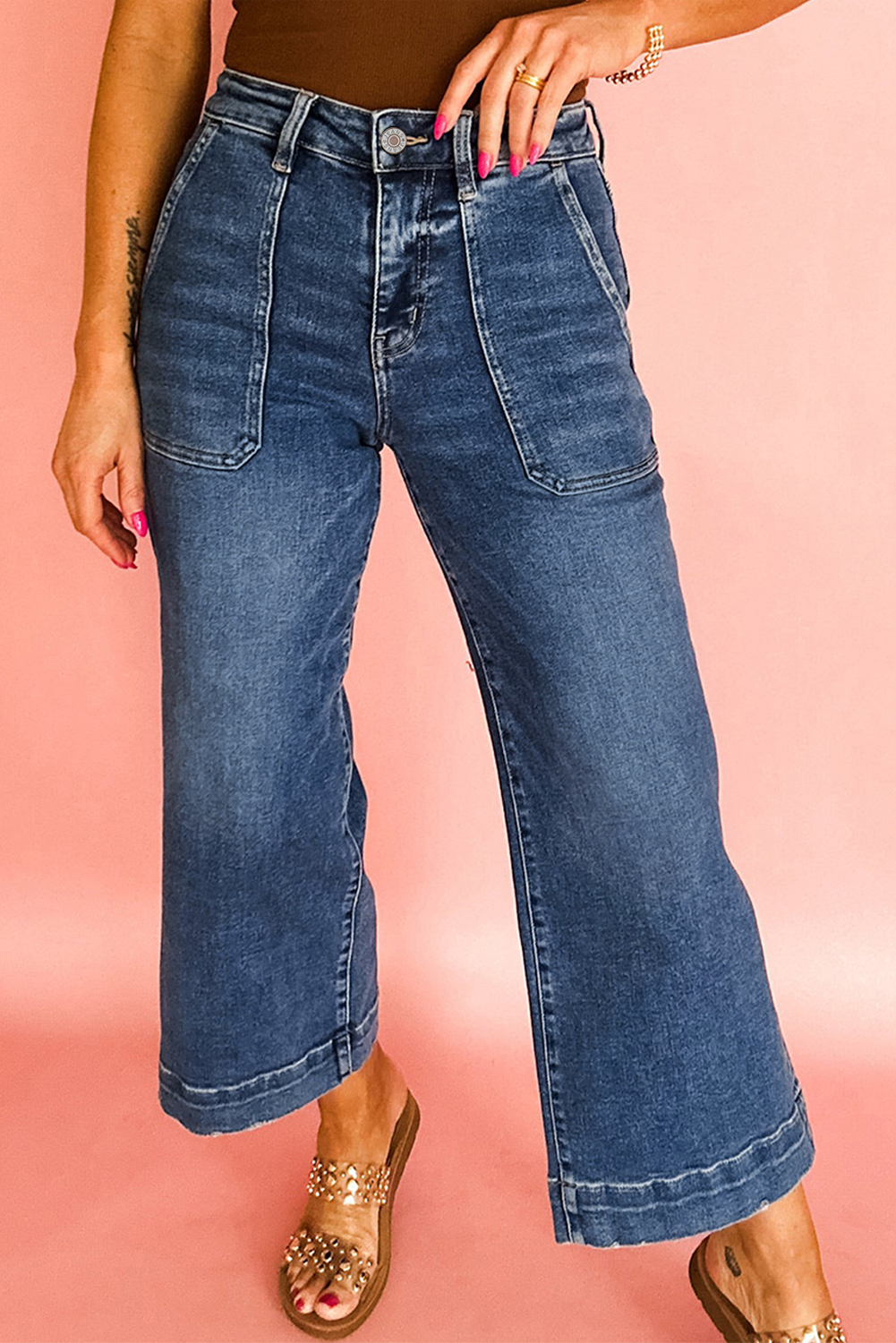 Shewin Wholesale Elegant Ashleigh Blue Cropped High Rise Wide Leg JEANS
