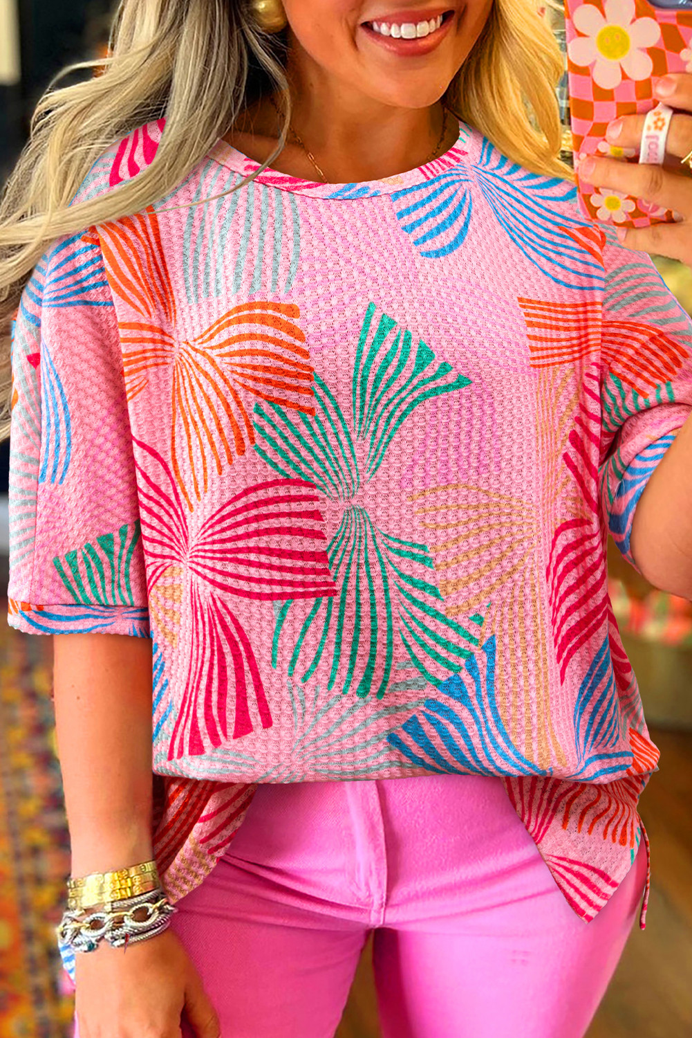 Pink Bowknot Print Waffle Loose Tee