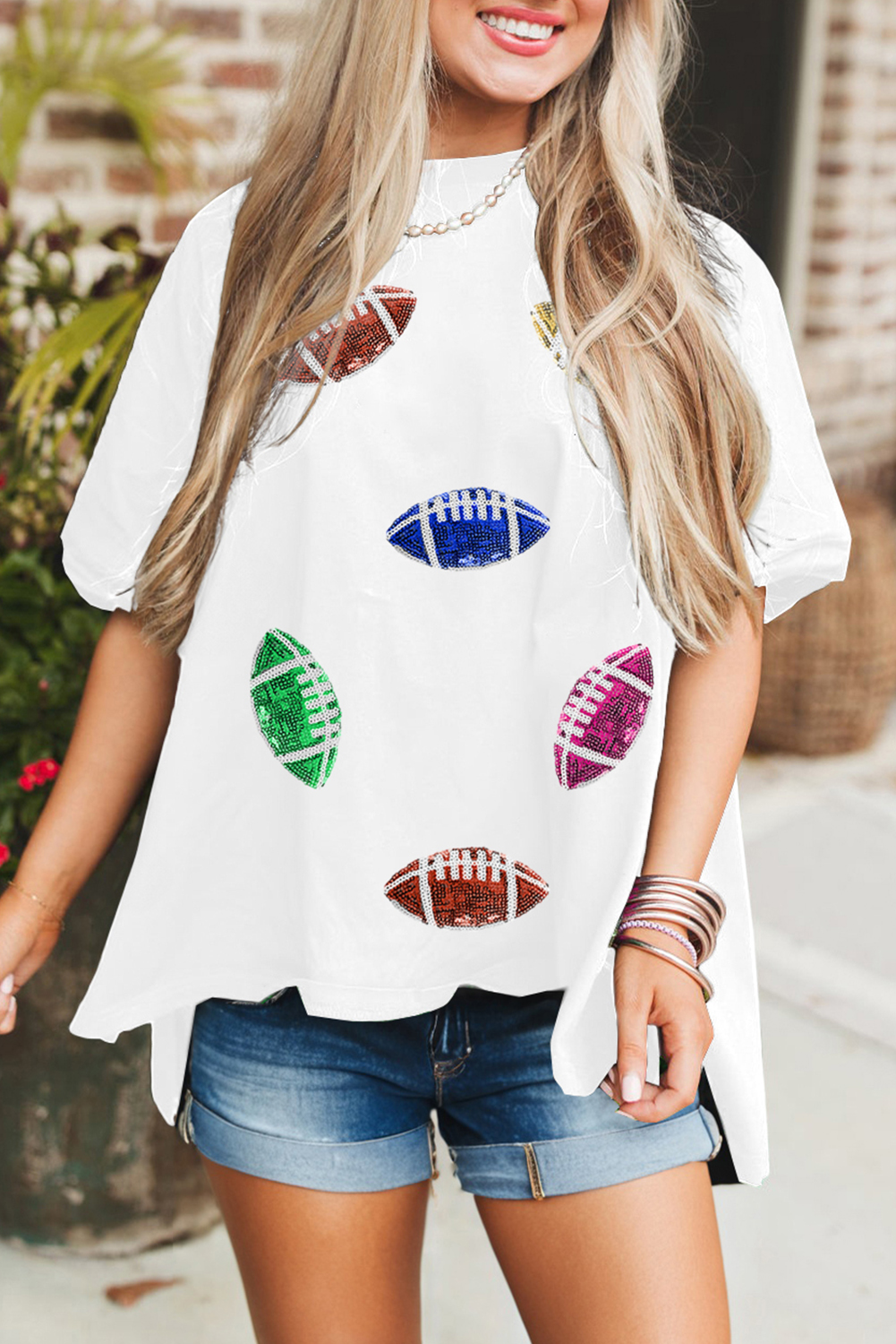Shewin Wholesale 2025 Hot White Sequin FOOTBALL Patched Crewneck High Low Hem Loose T Shirt