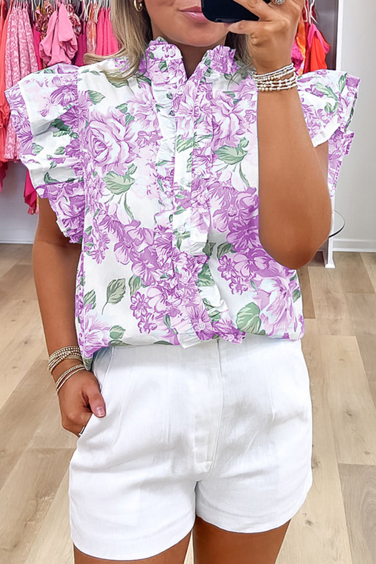 Purple Floral Print Ruffle Sleeve Frill Shirt