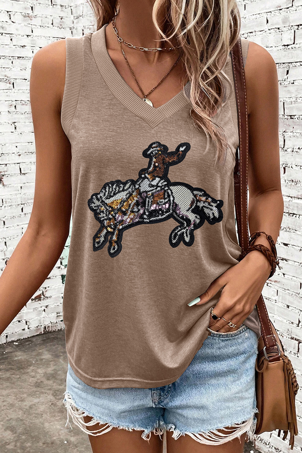 Shewin Wholesale 2025 Hot Simply Taupe Sequined Rodeo Graphic Fashion TANK TOP