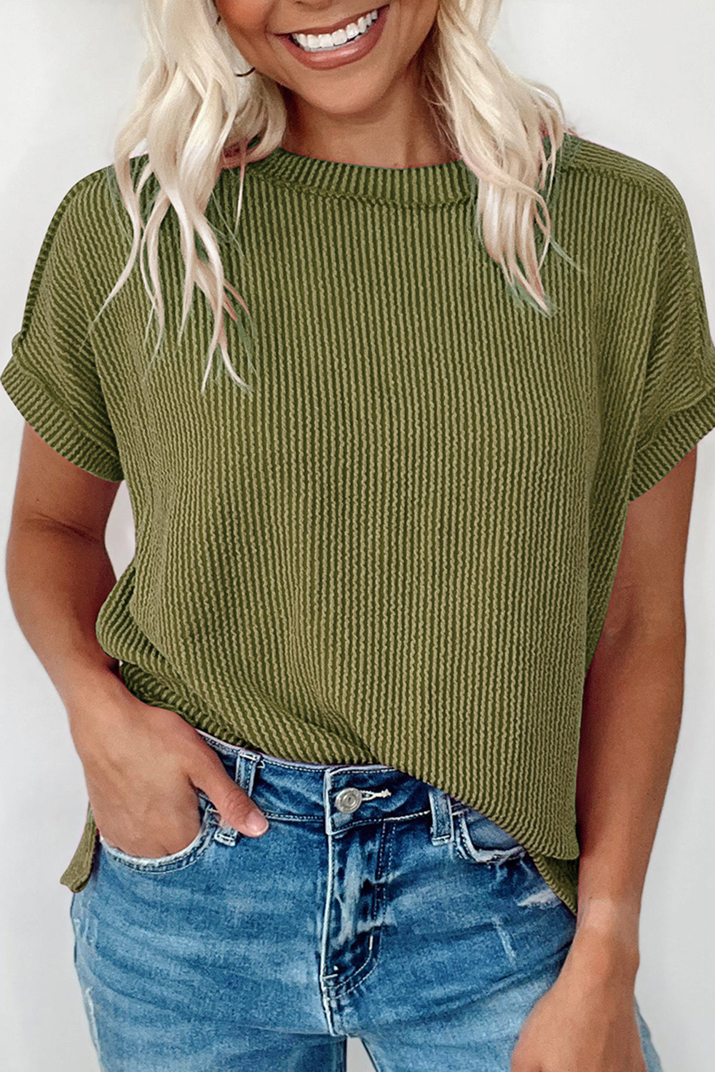 Jungle Green Textured Rib Round Neck T Shirt