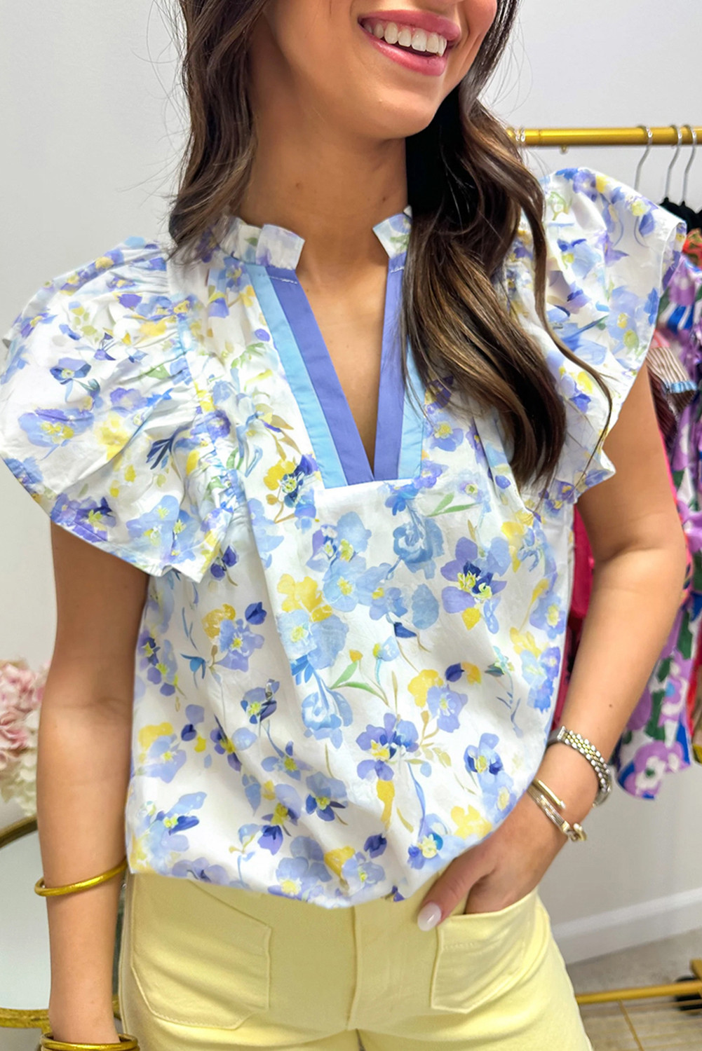 Sky Blue Floral Print Frilled Notch V Neck Ruffle Blouse