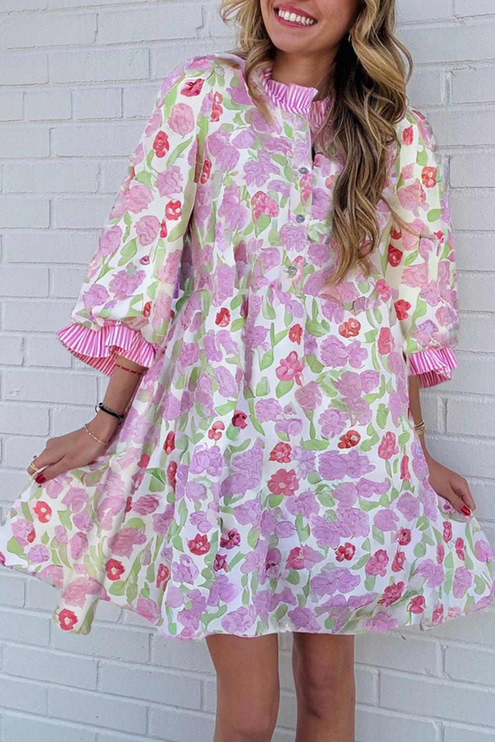 Pink Floral Print Striped Trim Flowy Mini Dress