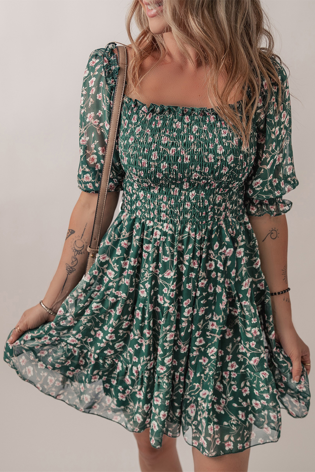 Shewin Wholesale SUMMER Green Floral Shirred Square Neck Puff Sleeve DRESS