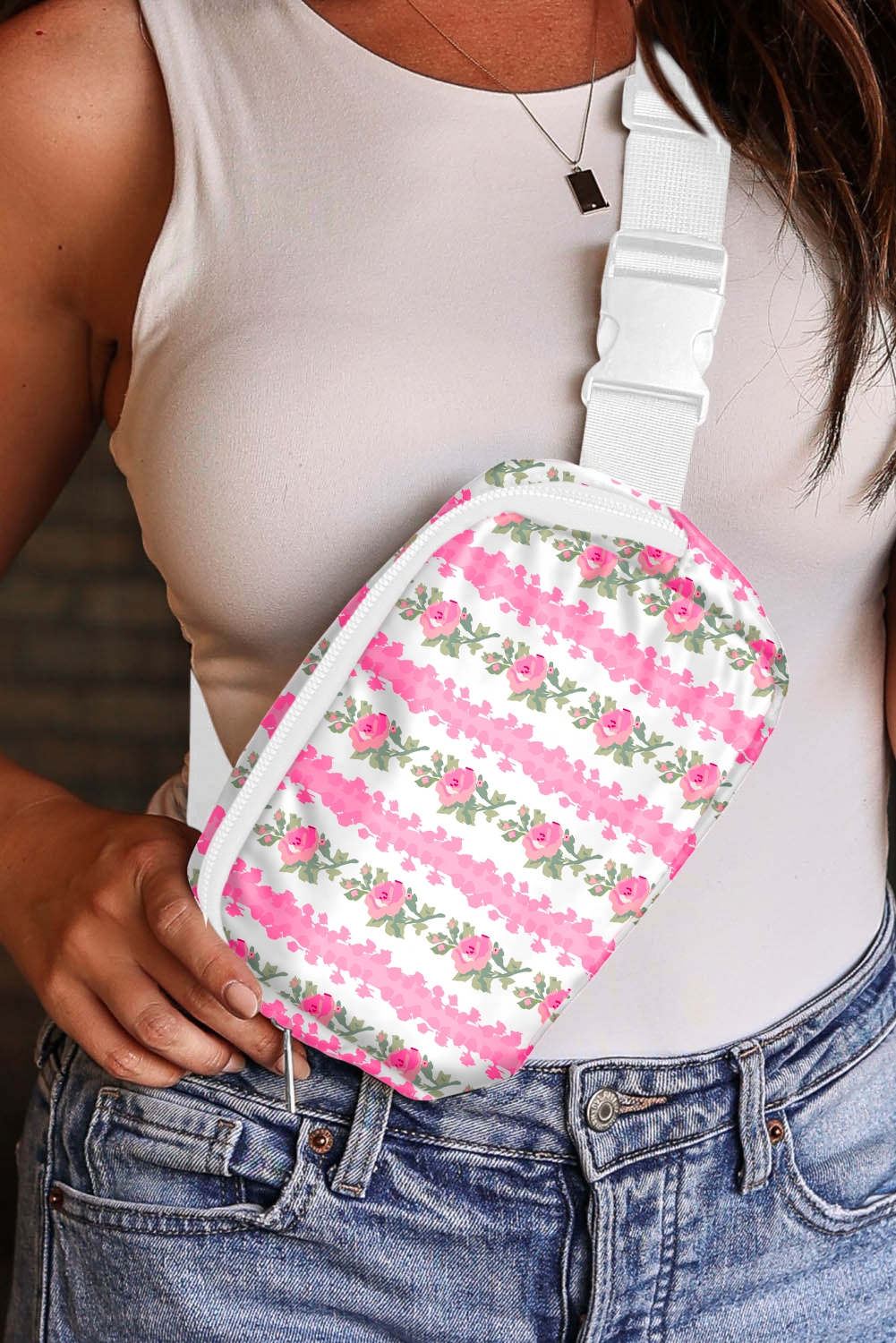 Shewin Wholesale Bulk White Striped Floral Crossbody BAG