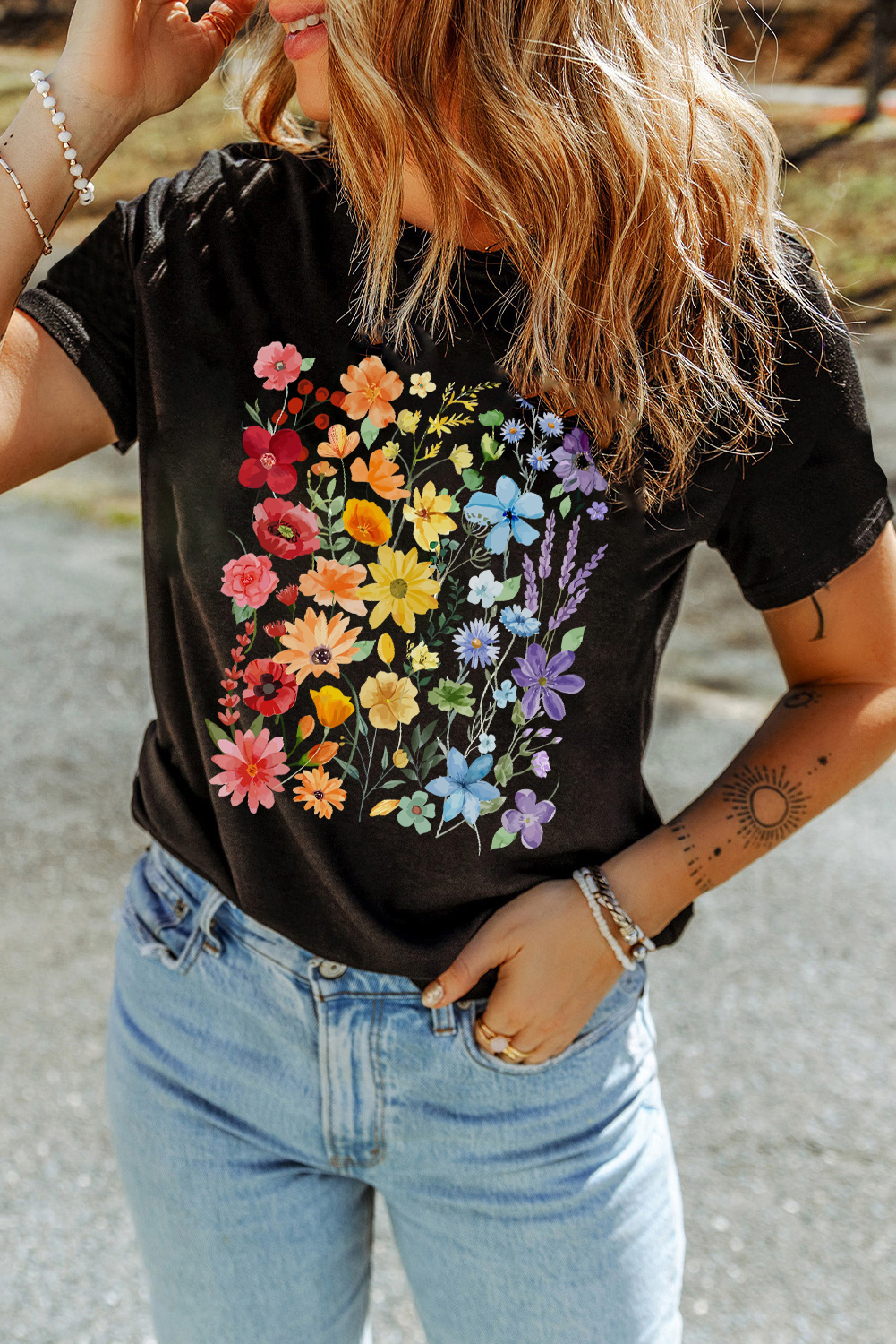 Shewin Wholesale 2025 Hot Black FLOWER Print Cotton Blend Casual Tee