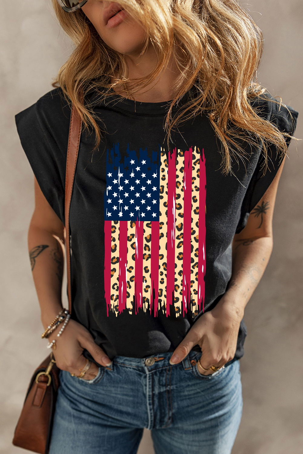Shewin Wholesale 2025 Hot Black Leopard USA FLAG Printed Sleeveless Cotton Top
