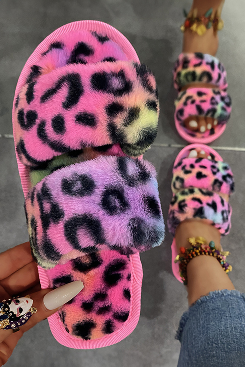 Rose Red Leopard Print Two Band Fuzzy Slippers
