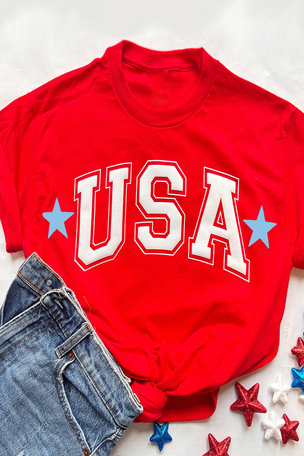 Red Star USA Print Crewneck T Shirt