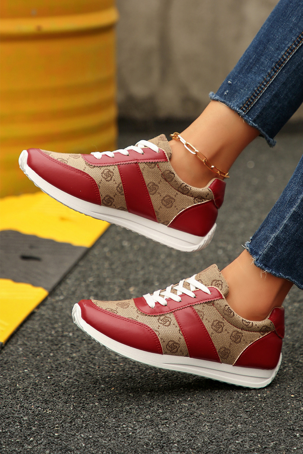 Fiery Red Patchwork Lace Up Sneakers