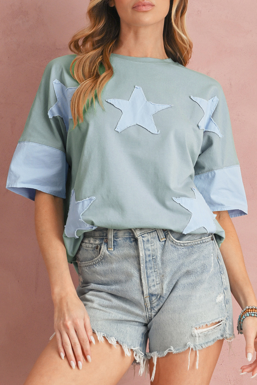 Smoke Green Frayed Denim Star Patched Oversize T Shirt
