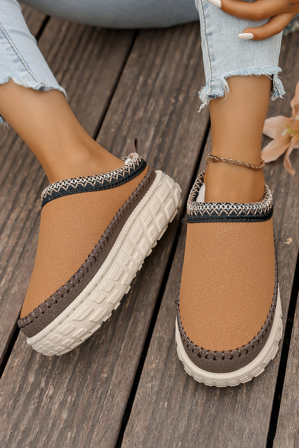 Coffee Contrast Stitch Detail Suede PU Patchwork Plush Winter Clog Slippers
