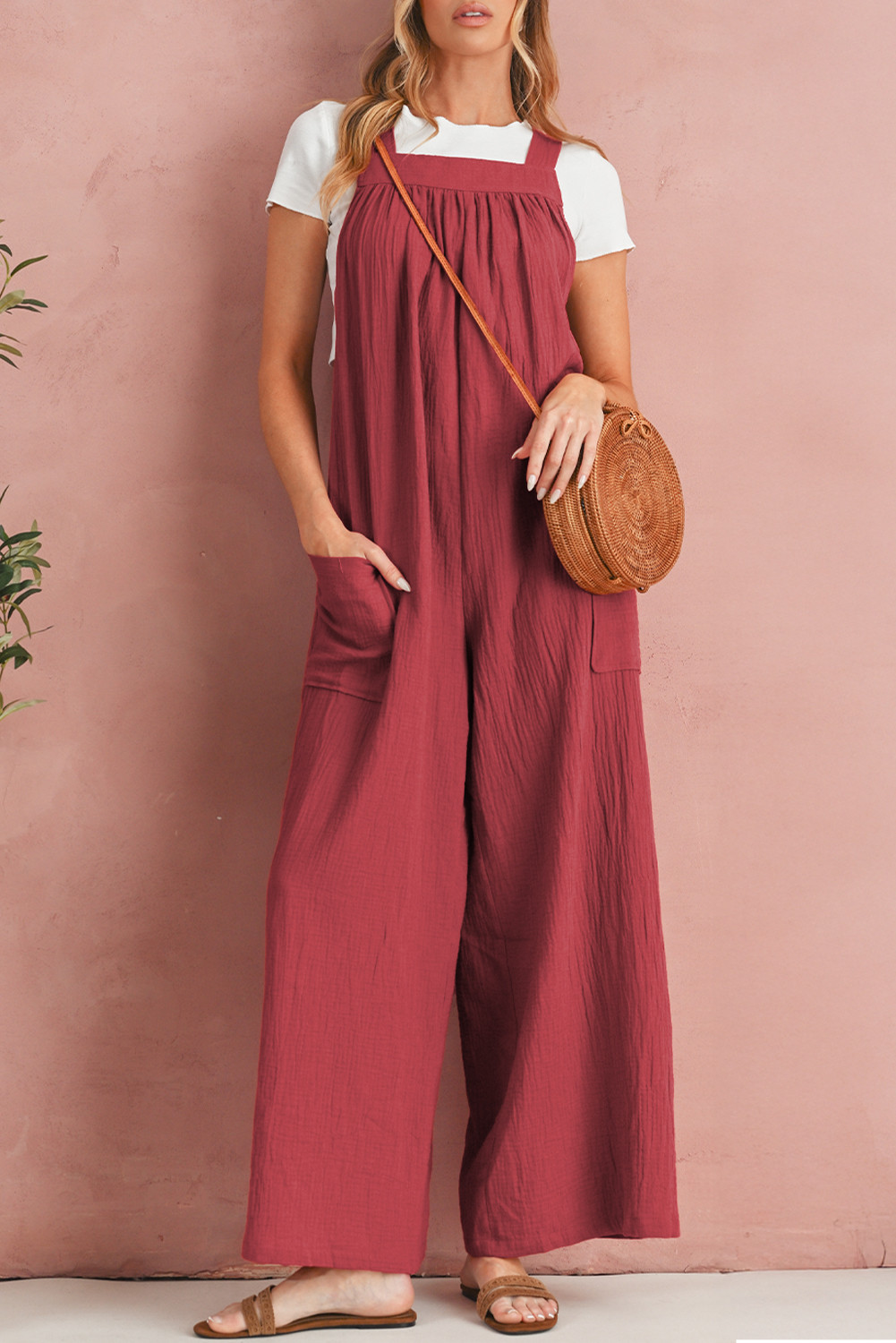 Red Clay Knot Strap Plain Crinkled Wide Leg Overall