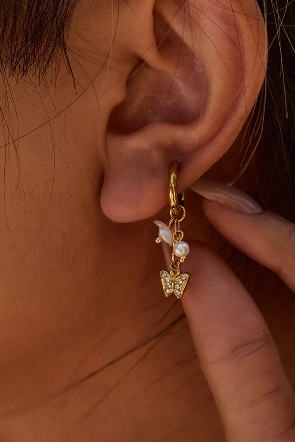 Gold Flower and Rhinestone Butterfly Drop Earrings