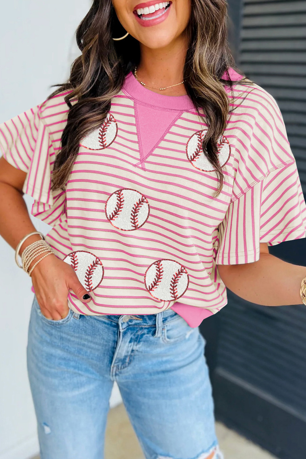Sachet Pink Sequin Baseball Striped Ruffle Sleeve Top