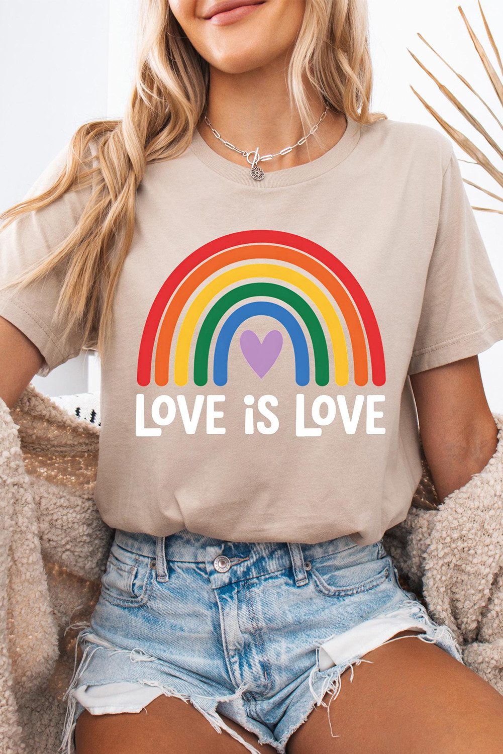 Khaki Love is Love Rainbow Heart Print Graphic T Shirt