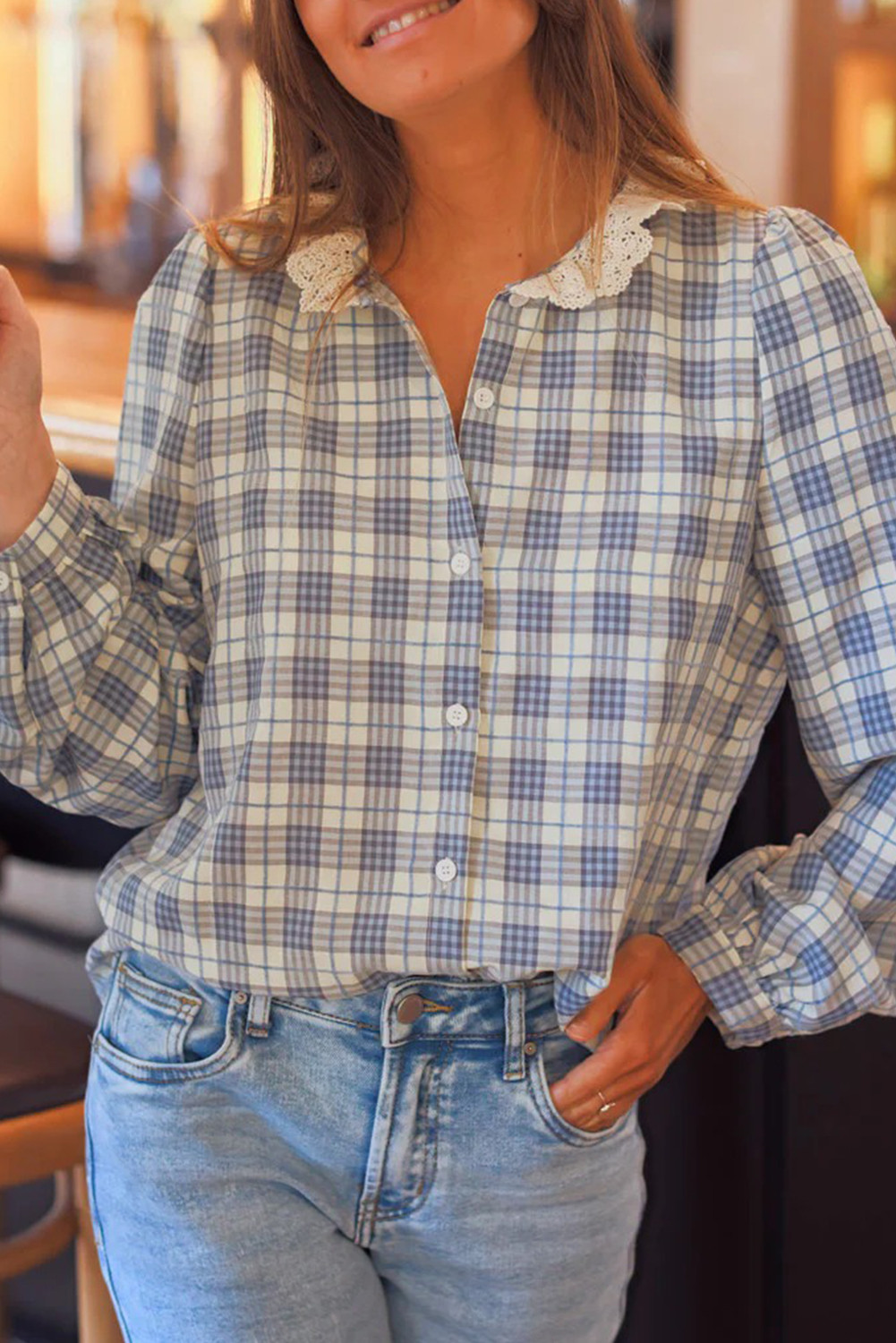 Blue Lace Collar Gingham Button-up Long Sleeve Shirt
