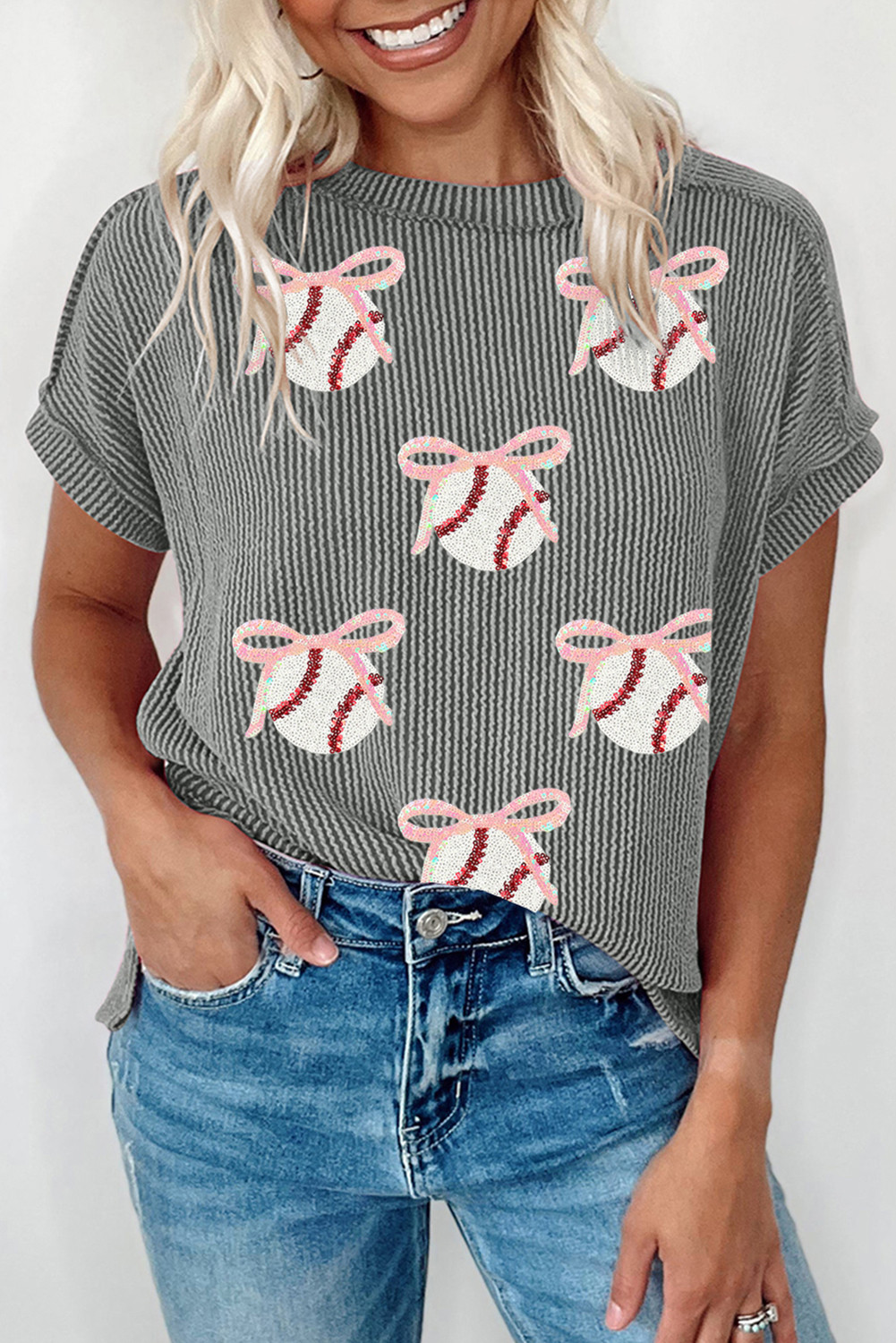 Medium Grey Twist Ribbed Sequined Bow Baseball Game Day T Shirt