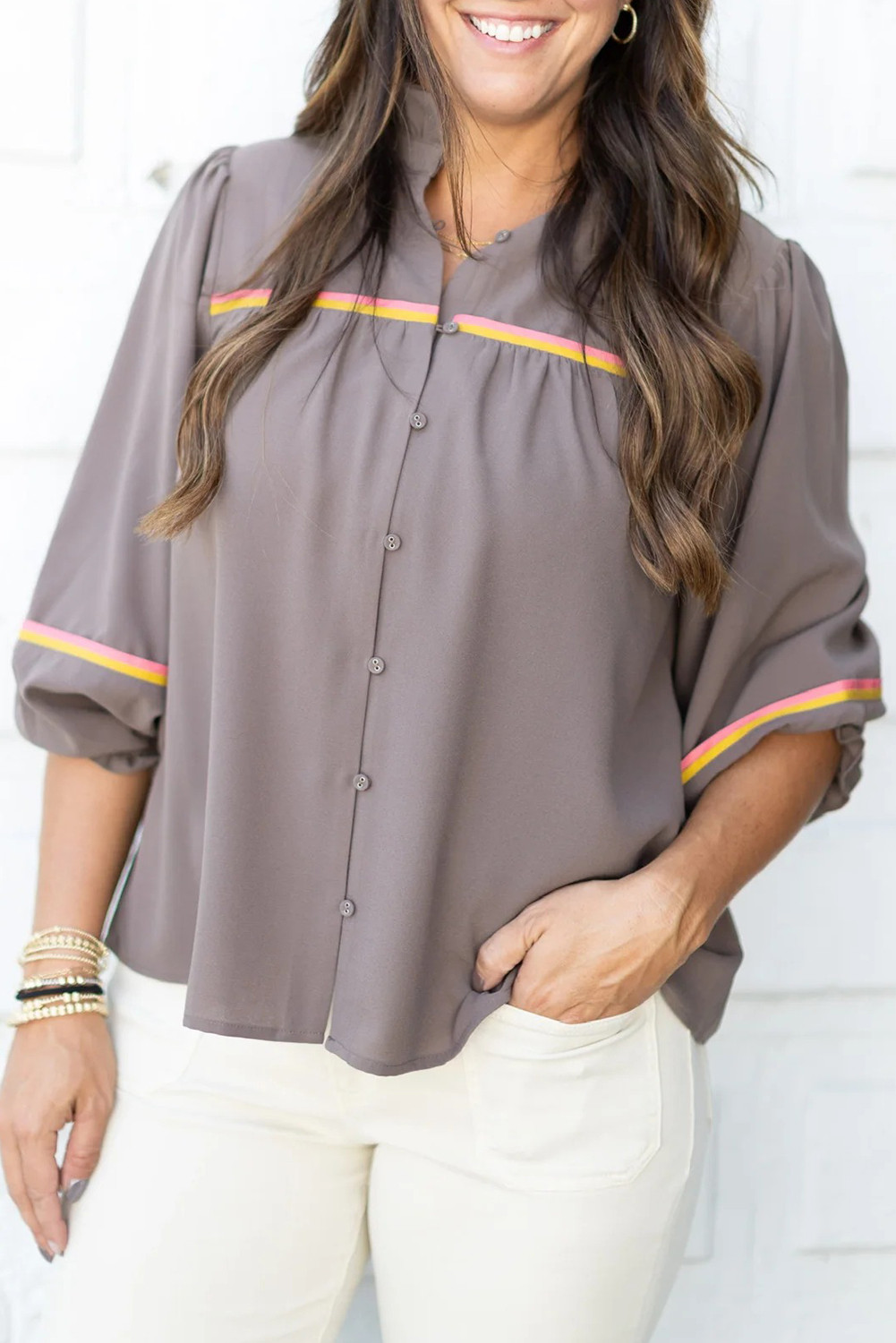 Goat Contrast Trim 3/4 Puff Sleeve Blouse